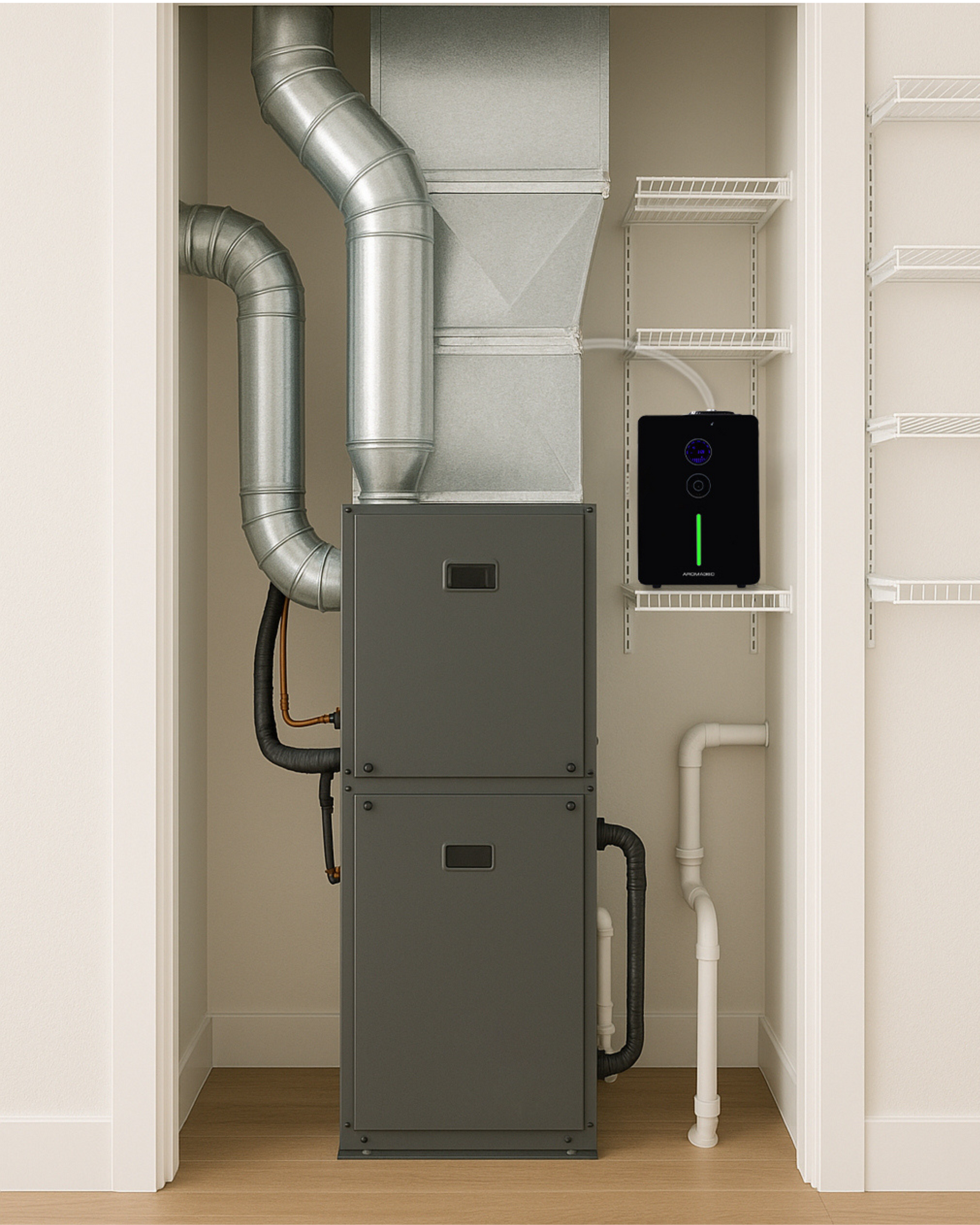 VanGogh360 scent diffuser connected to HVAC system, evenly scenting the entire home with a dry, invisible fragrance mist.