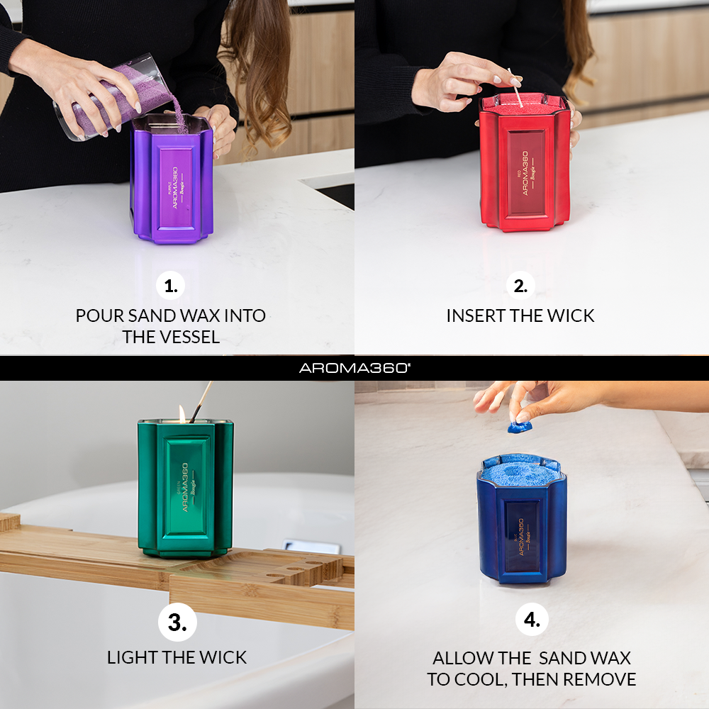 Bougie Sand Wax Set with eco-friendly wax pearls in a refillable metallic vessel. Scented and sustainable.