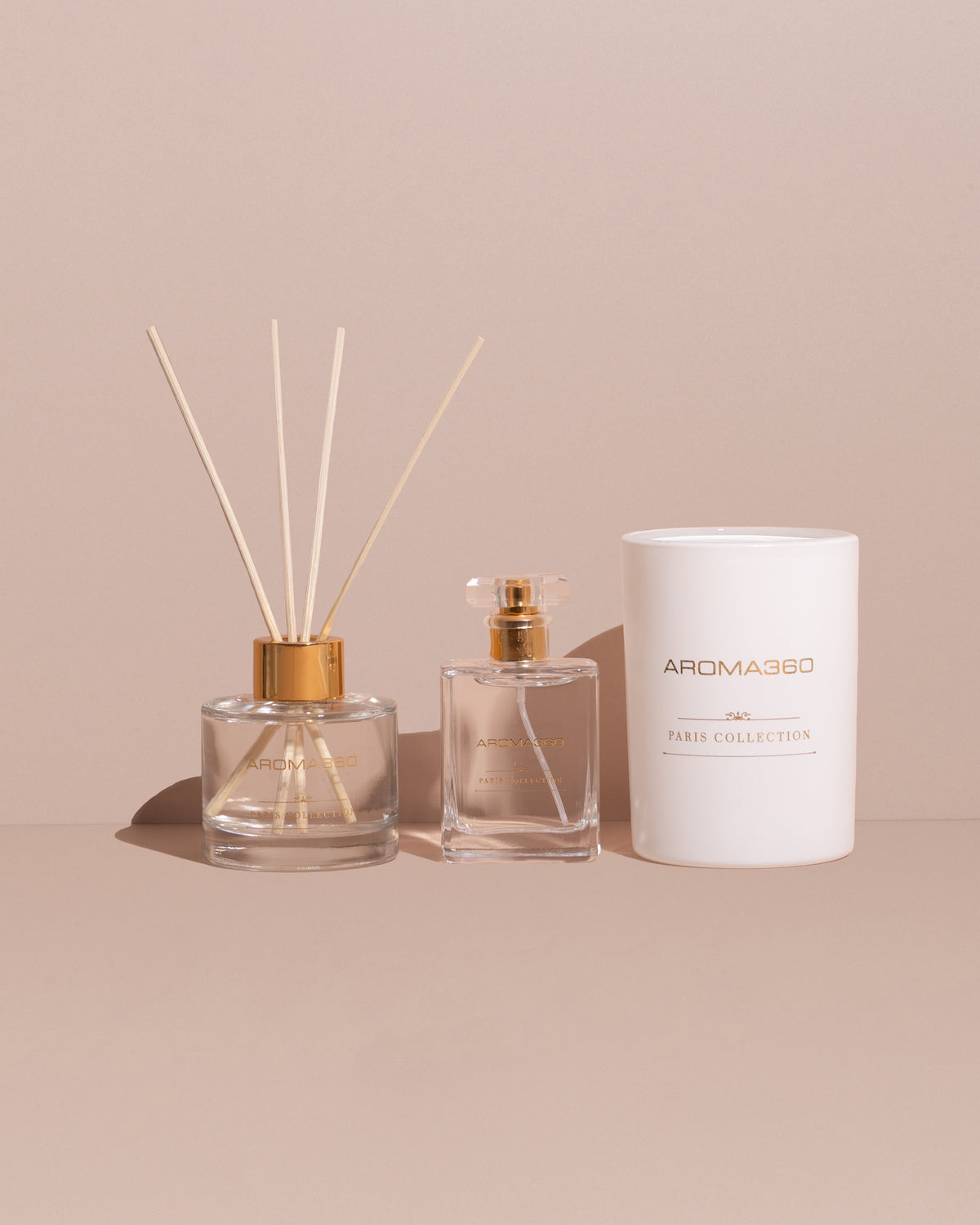 Paris Collection Set - Gift Set with 14oz Candle, Reed Diffuser, and Room Spray - White and Gold - Elegant Aroma for Home & Relaxation